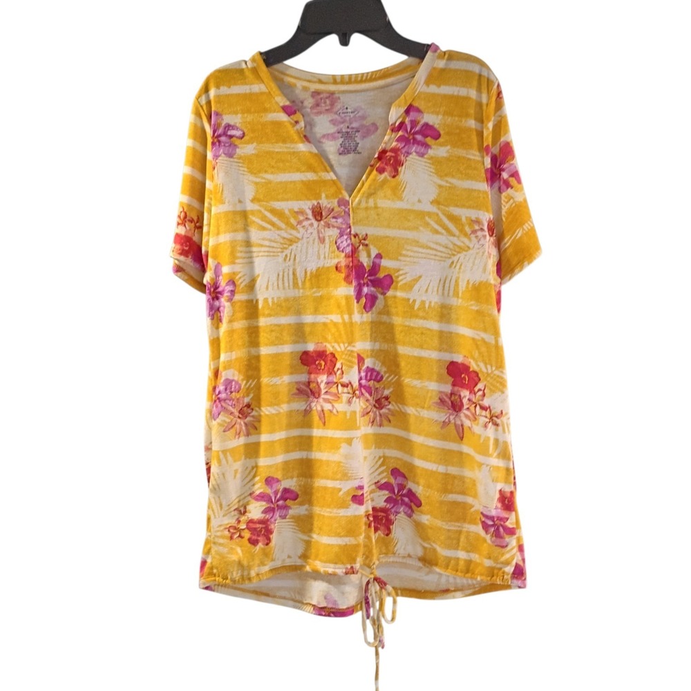 St John Bay S Top Tropical Henley V-Neck Short Sleeves Drawstring Front Blouse
